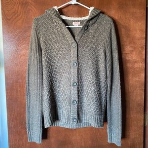 Green button up sweater with hood